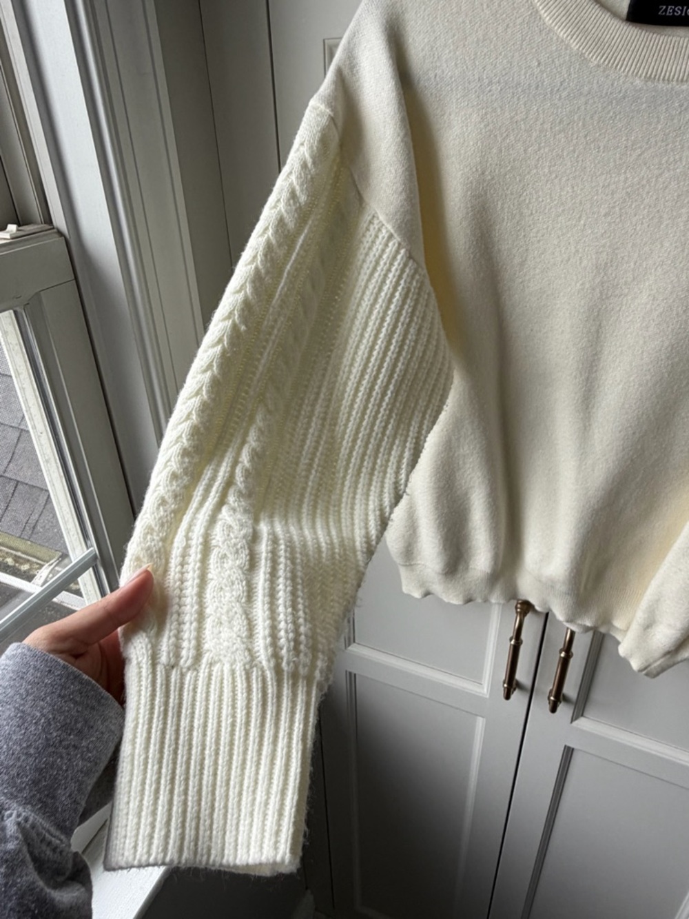 by White Cable-Panel Crewneck Sweater